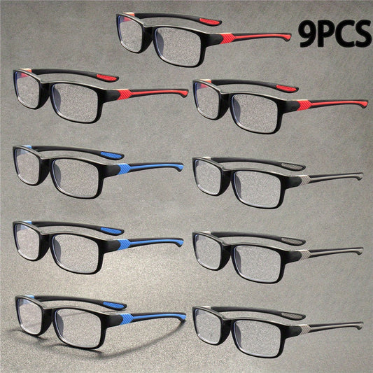 9pcs ZXRCYYL Men's Fashion Reading Glasses - Rectangular Full-Rim Frames, Red/Blue Gradient Lenses, +1.50 Strength, Lightweight & Versatile Eyewear