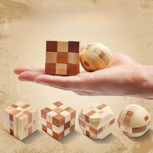 4pcs Wooden 3D Puzzle Brain Teasers | Logic Games for Teens & Adults