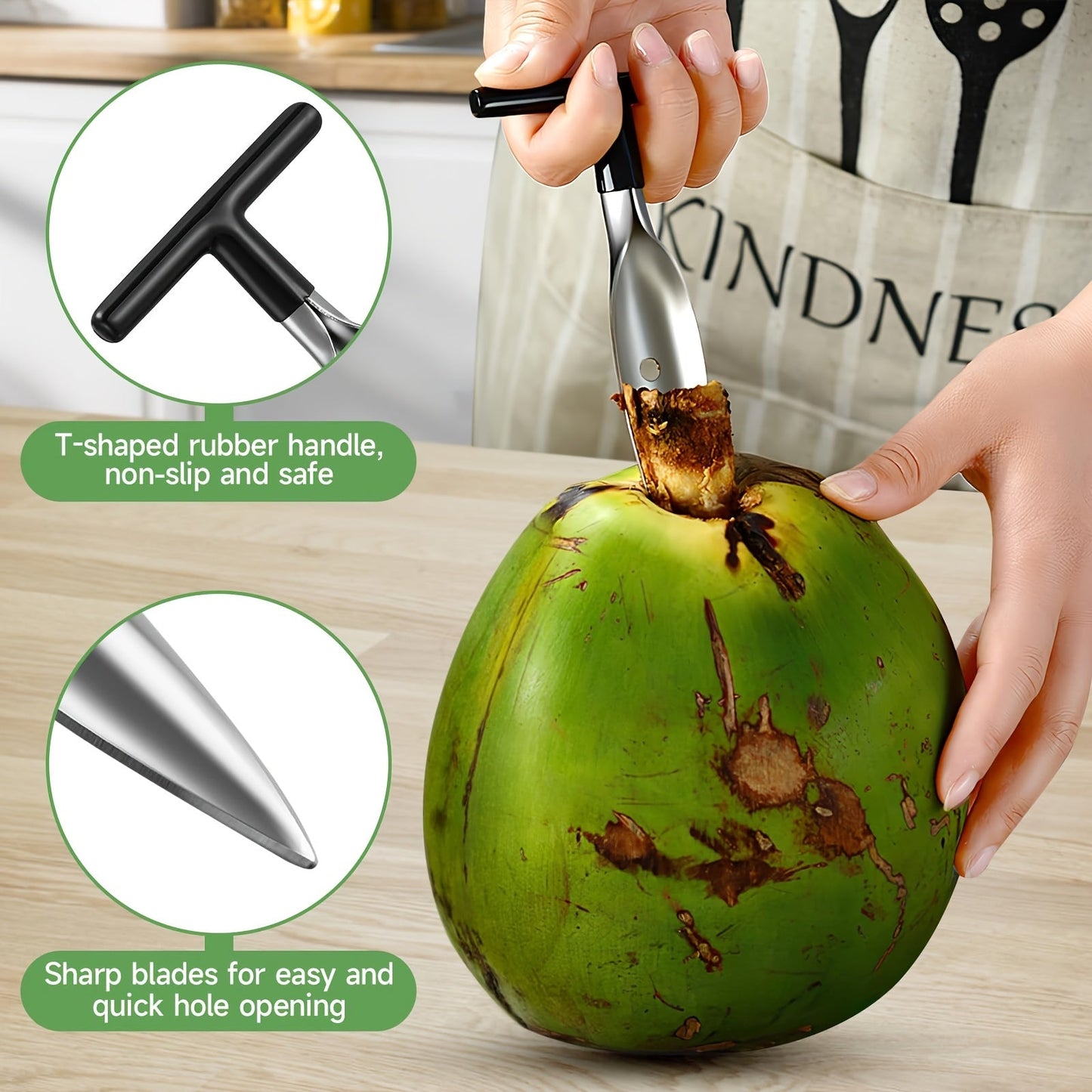 Coconut Opener Tool Set - Stainless Steel Coconut Scraper & Punch with Wooden Handle