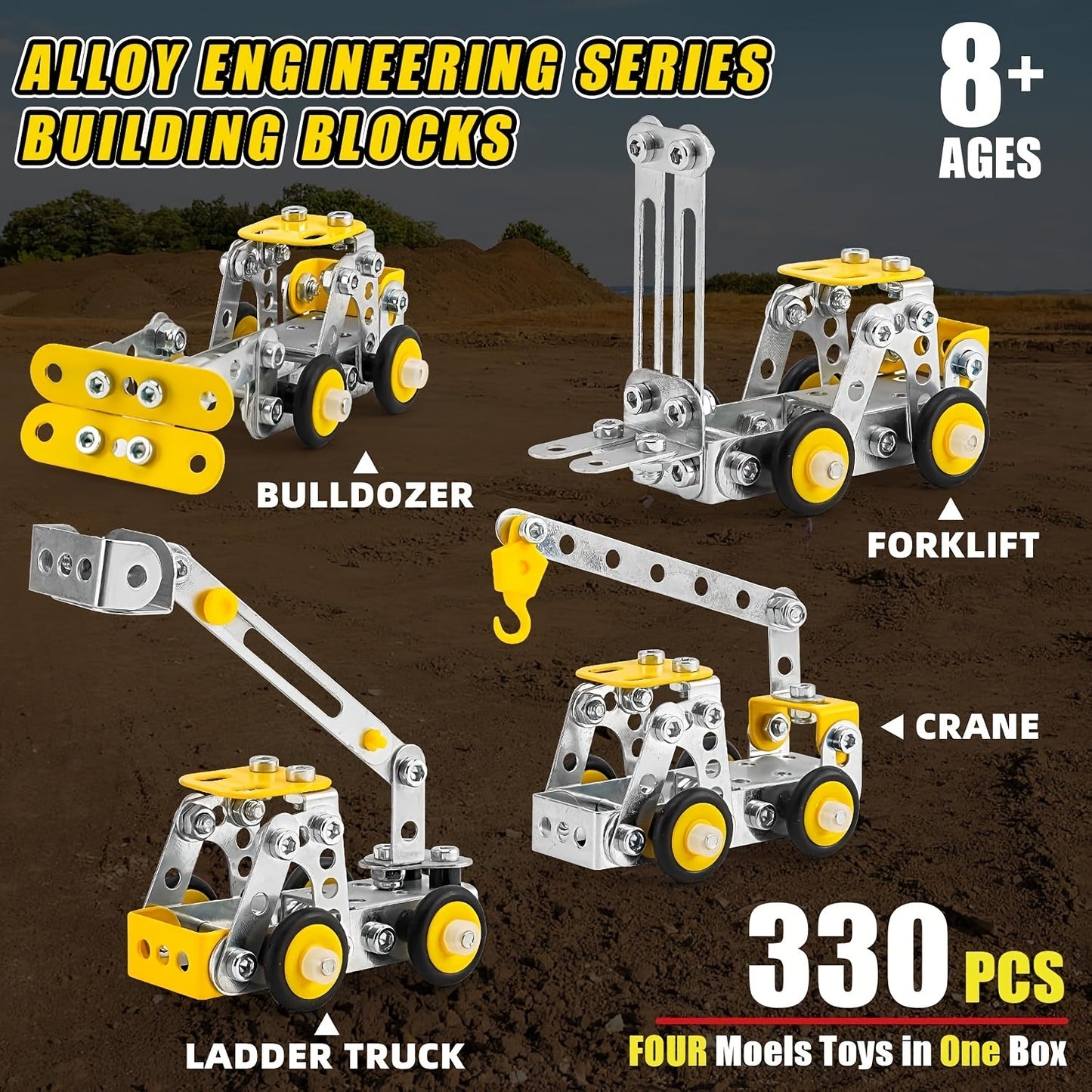 STEM Building Toys - 330pcs Erector Set for Kids, 4-in-1 Metal Engineering Vehicles Kit