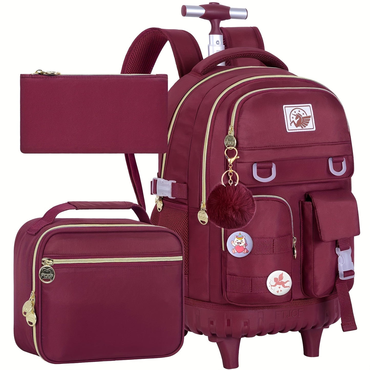 1pc Random Color Pom-Poms Rolling Backpack with Adjustable Strap and Telescopic Handle