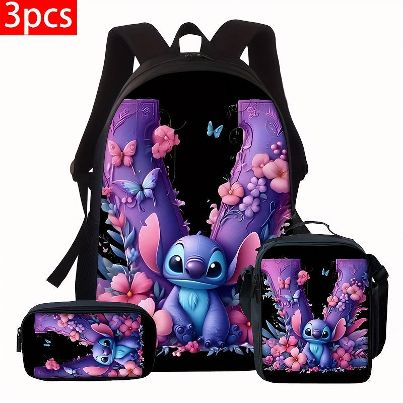 Lilo & Stitch Alphabet Backpack Set - Purple Floral Theme | A-Z Letters | Fashionable & Functional for Travel & Daily Use