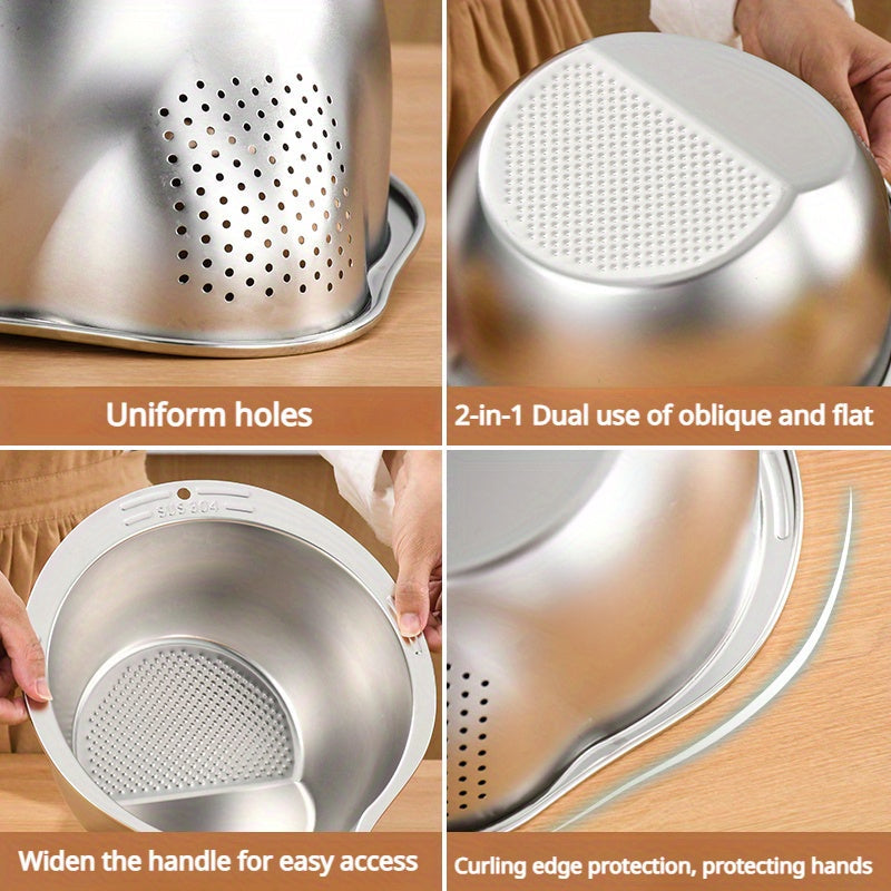 Premium 304 Stainless Steel Colander - Food-Safe Rice & Vegetable Washing Basin with Efficient Drain Basket