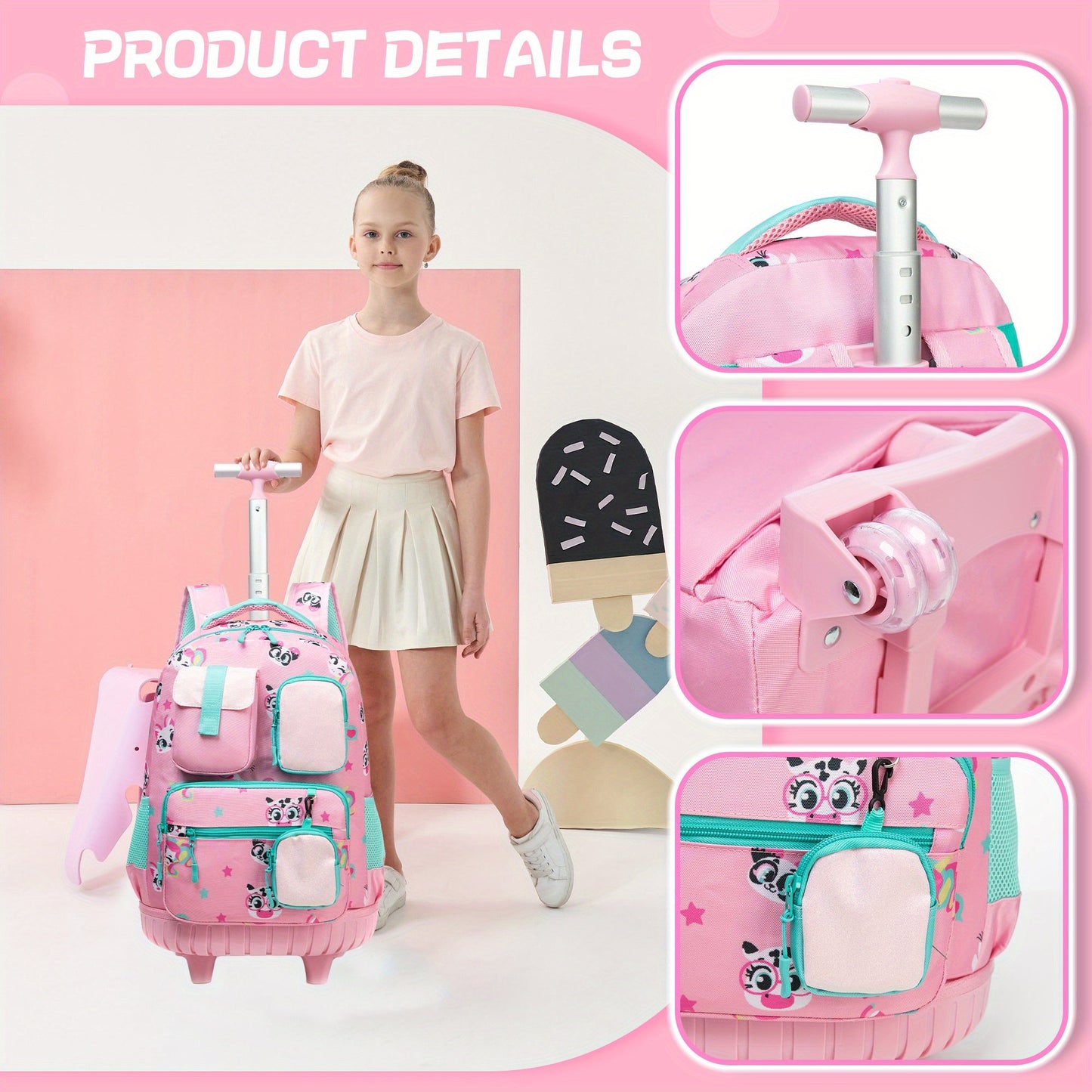 Rolling Backpack with Wheels for Girls - 3-in-1 Travel Suitcase & Handbag