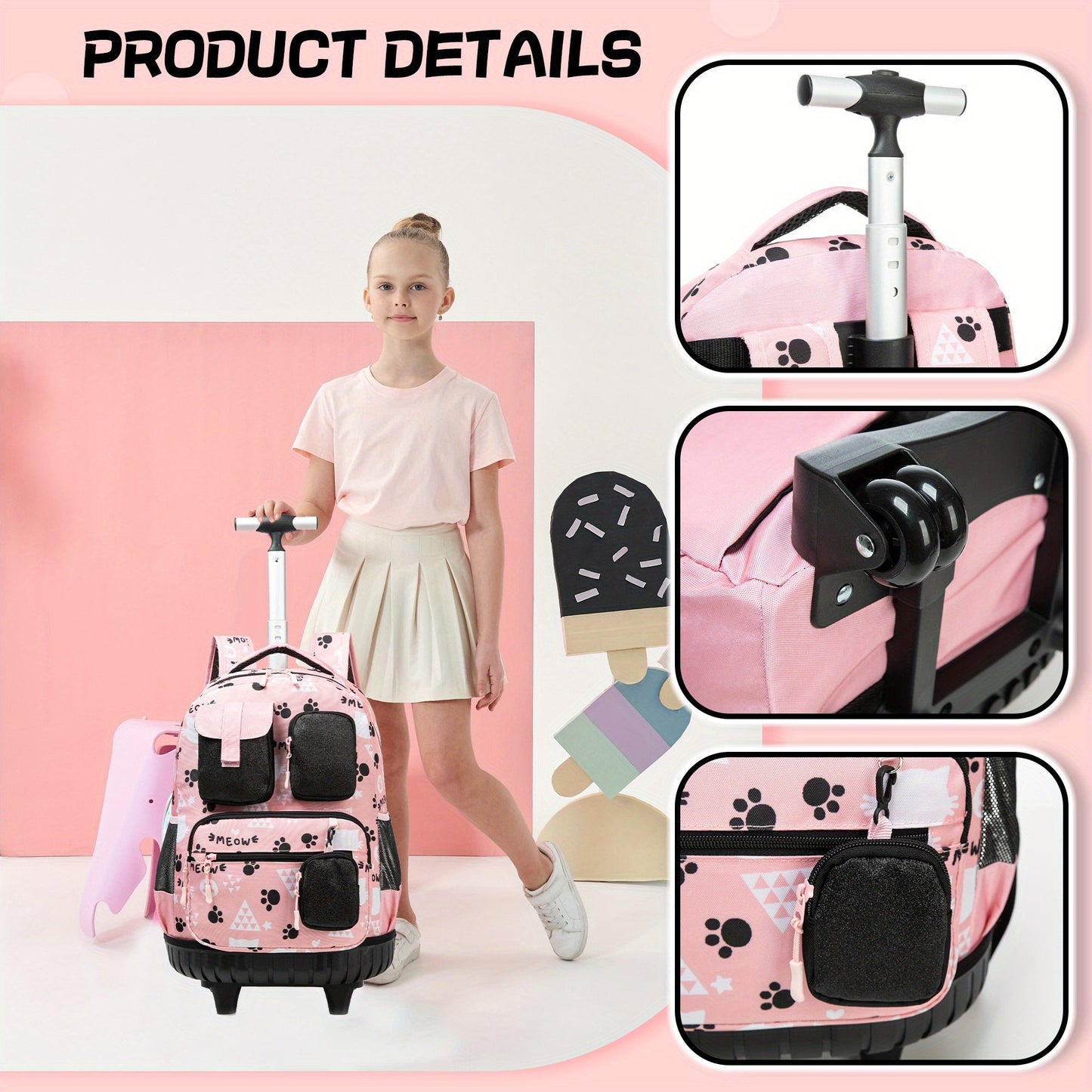 Rolling Backpack with Wheels for Girls - 3-in-1 Travel Suitcase & Handbag