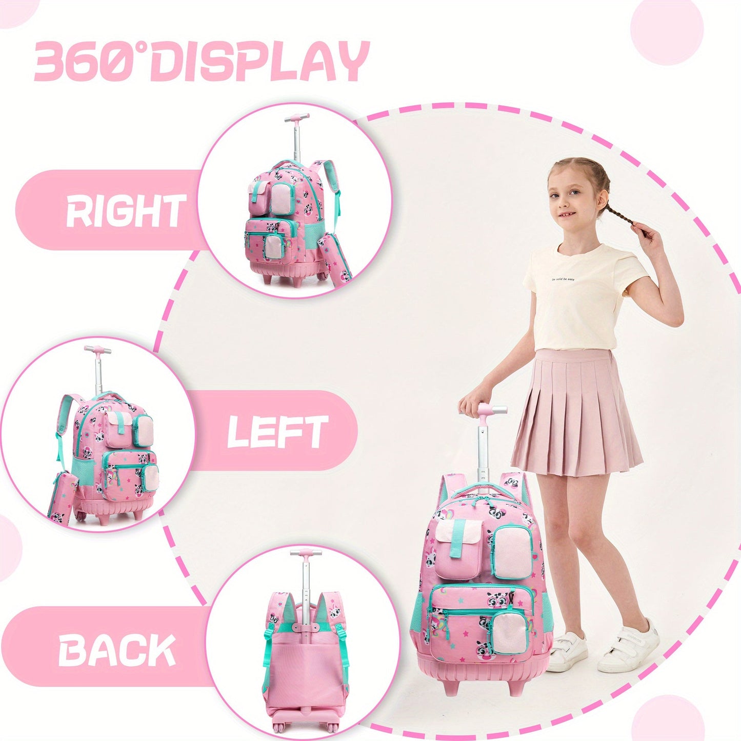 Rolling Backpack with Wheels for Girls - 3-in-1 Travel Suitcase & Handbag
