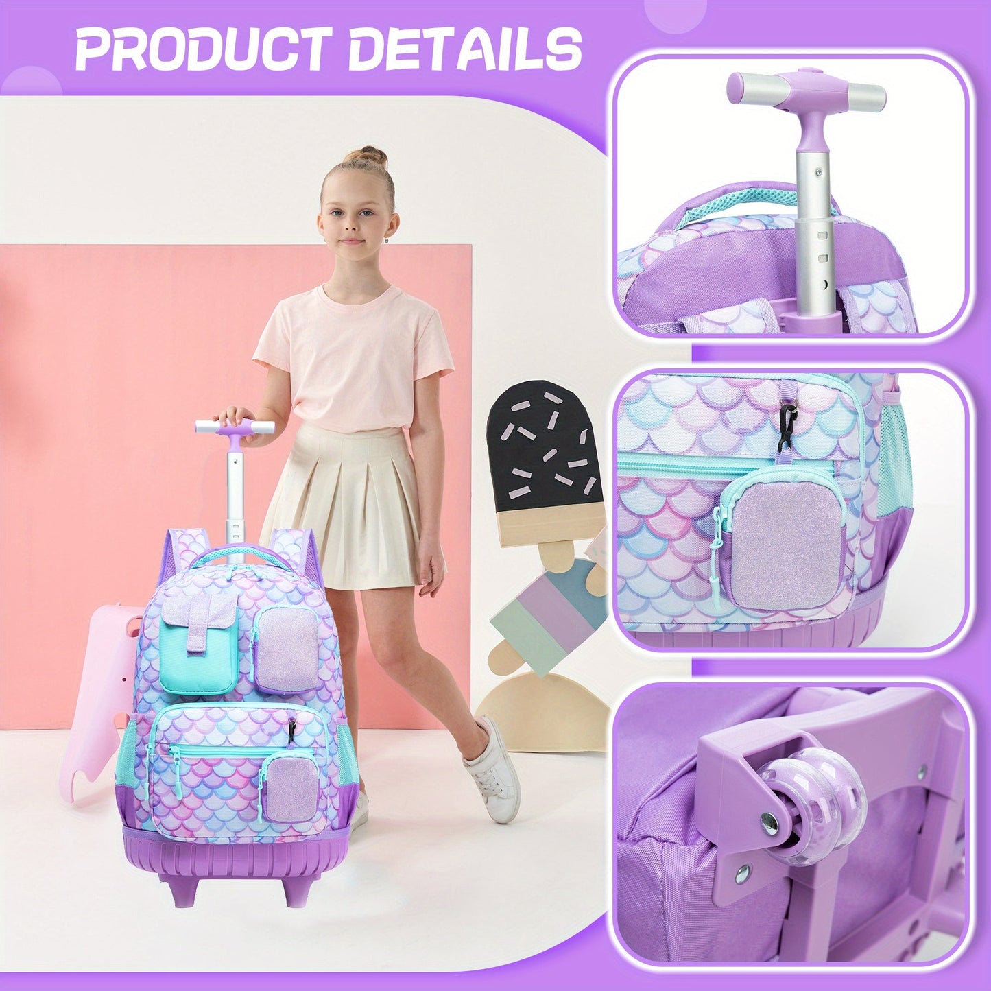 Rolling Backpack with Wheels for Girls - 3-in-1 Travel Suitcase & Handbag