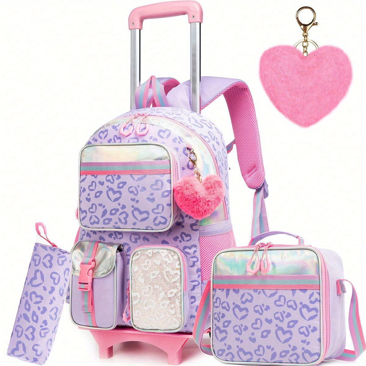 Rolling Backpack with Wheels for Girls - 3 in 1 Travel Set with Crossbody Bag