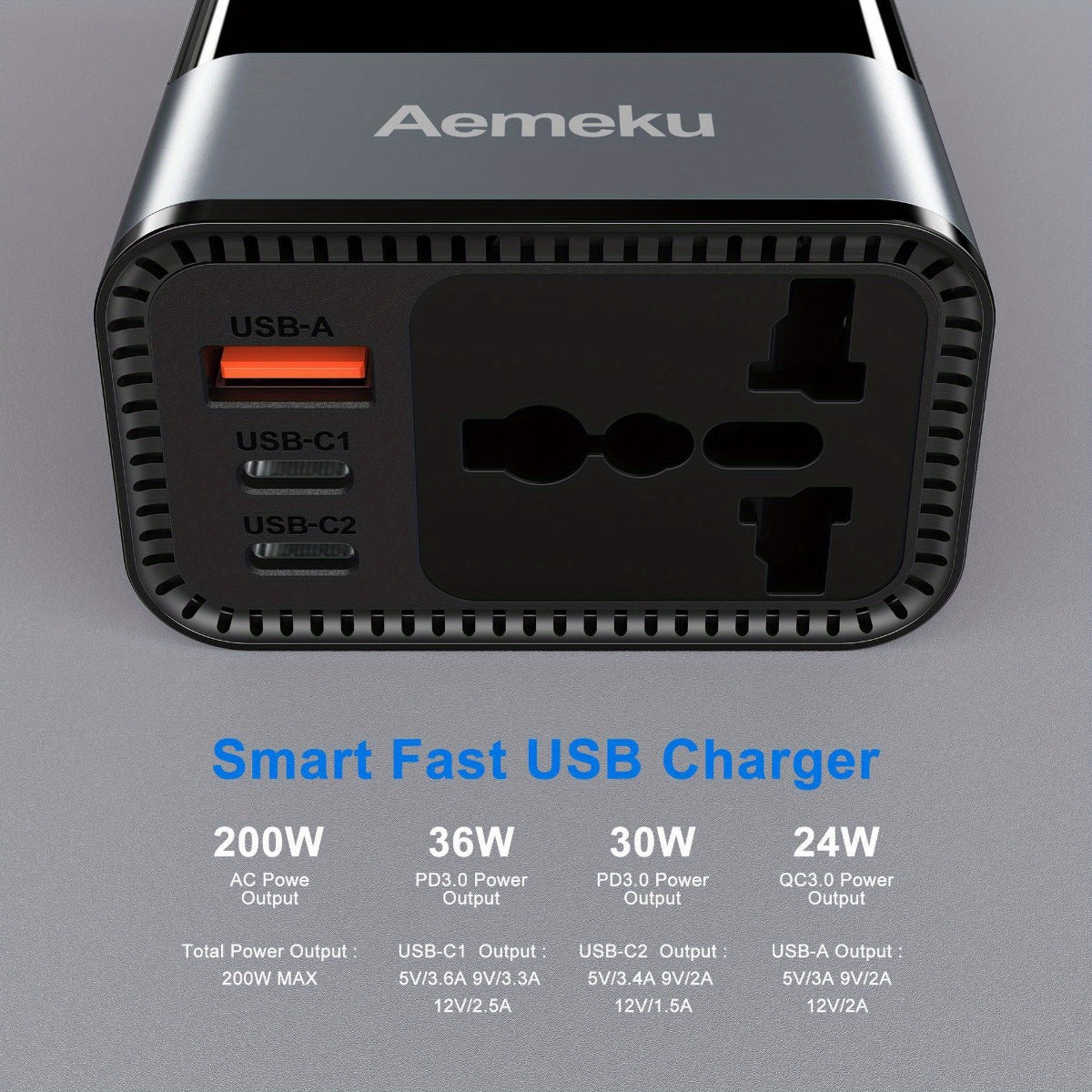 Aemeku 200W Mini Car Inverter - 12V/24V to 220V, Universal Socket, PD & USB Ports