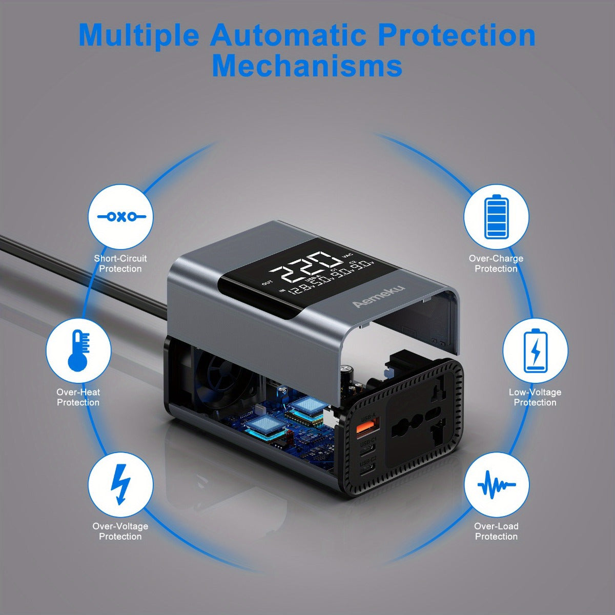 Aemeku 200W Mini Car Inverter - 12V/24V to 220V, Universal Socket, PD & USB Ports