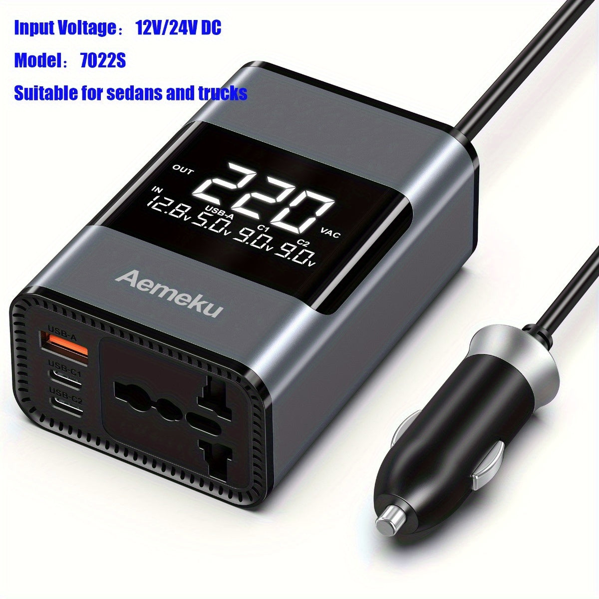 Aemeku 200W Mini Car Inverter - 12V/24V to 220V, Universal Socket, PD & USB Ports