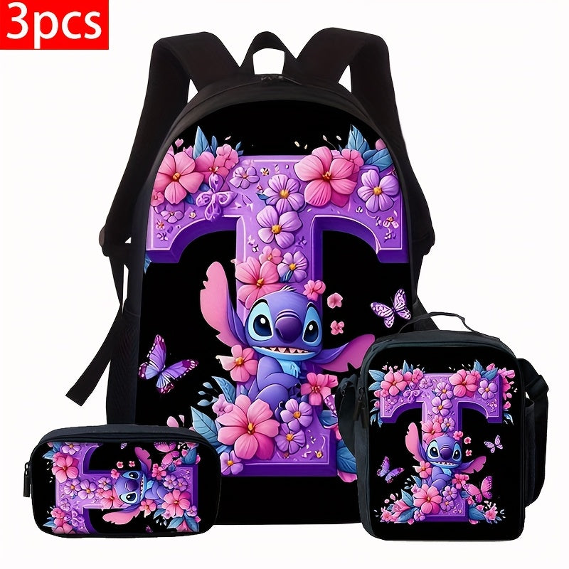 Lilo & Stitch Alphabet Backpack Set - Purple Floral Theme | A-Z Letters | Fashionable & Functional for Travel & Daily Use