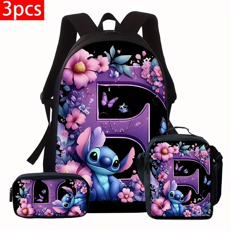 Lilo & Stitch Alphabet Backpack Set - Purple Floral Theme | A-Z Letters | Fashionable & Functional for Travel & Daily Use