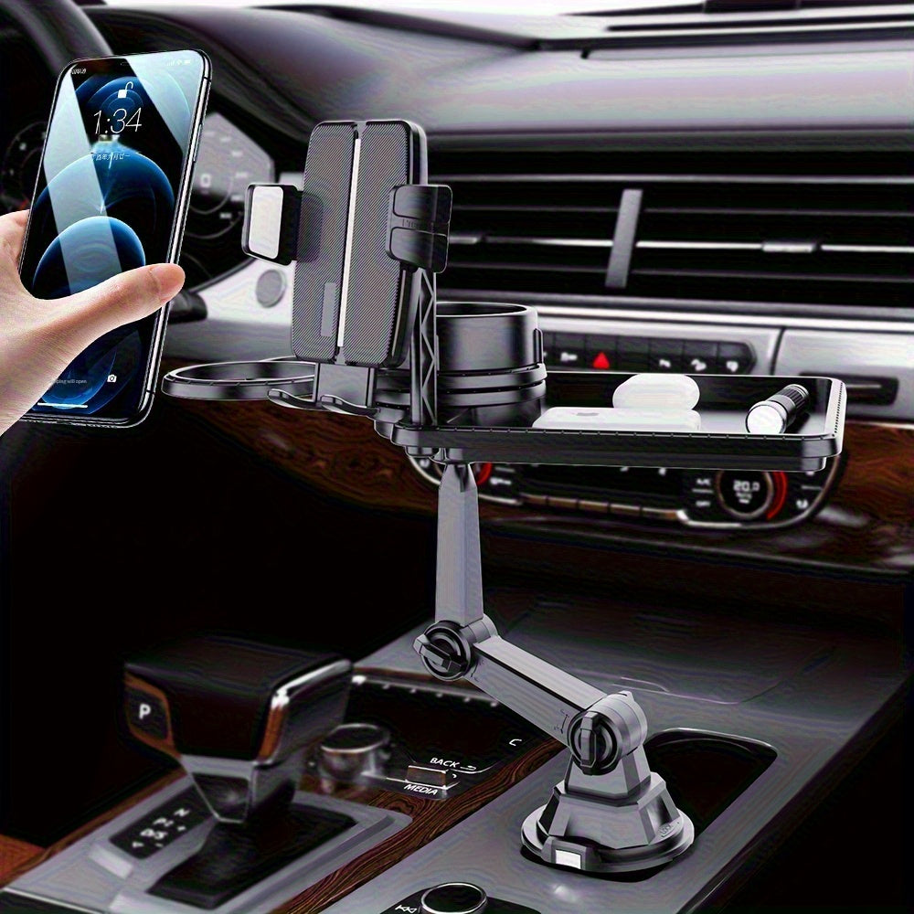 Universal Car Cup Holder & Phone Mount with Tray - Rotatable & Adjustable