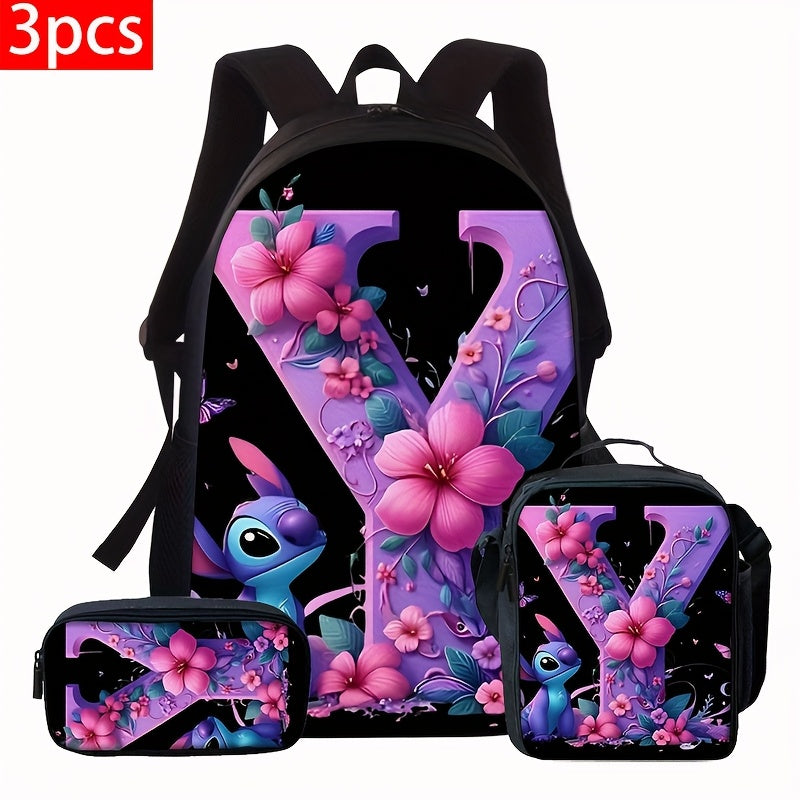 Lilo & Stitch Alphabet Backpack Set - Purple Floral Theme | A-Z Letters | Fashionable & Functional for Travel & Daily Use