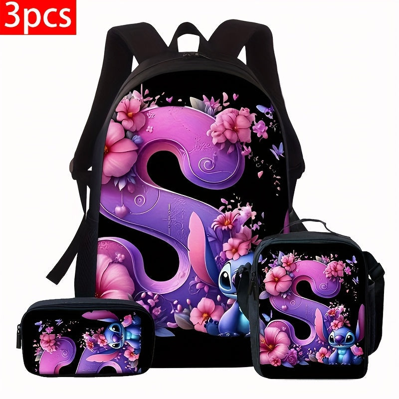 Lilo & Stitch Alphabet Backpack Set - Purple Floral Theme | A-Z Letters | Fashionable & Functional for Travel & Daily Use
