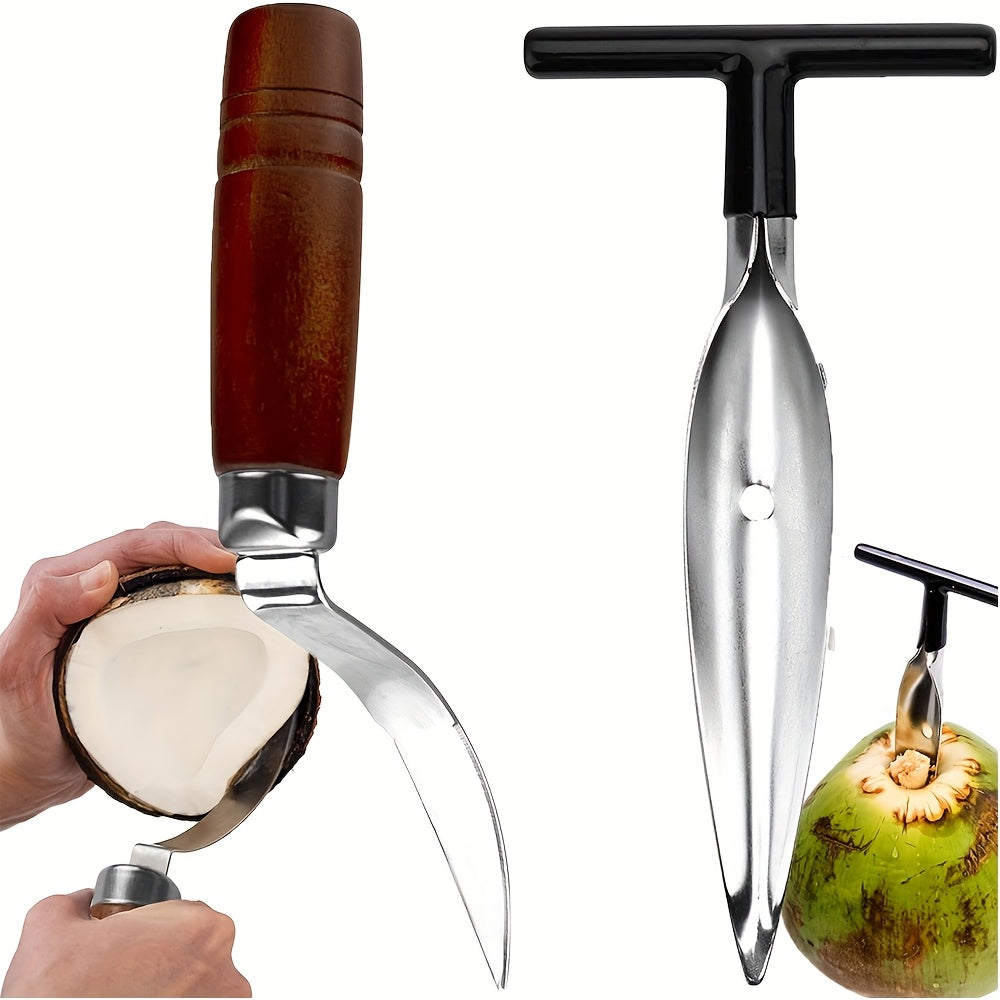 Coconut Opener Tool Set - Stainless Steel Coconut Scraper & Punch with Wooden Handle