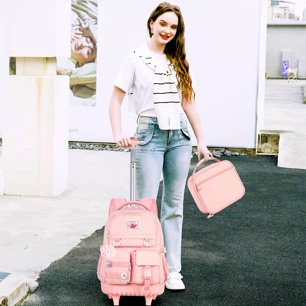 1pc Random Color Pom-Poms Rolling Backpack with Adjustable Strap and Telescopic Handle