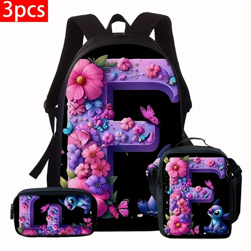 Lilo & Stitch Alphabet Backpack Set - Purple Floral Theme | A-Z Letters | Fashionable & Functional for Travel & Daily Use