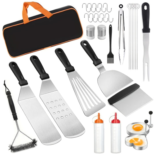 32pcs Blackstone Grill Accessory Kit - Stainless Steel Flat Top Grilling Set with Cleaning Brush, Spatula, Pizza Cutter, Skewers & More for Outdoor BBQ & Camping