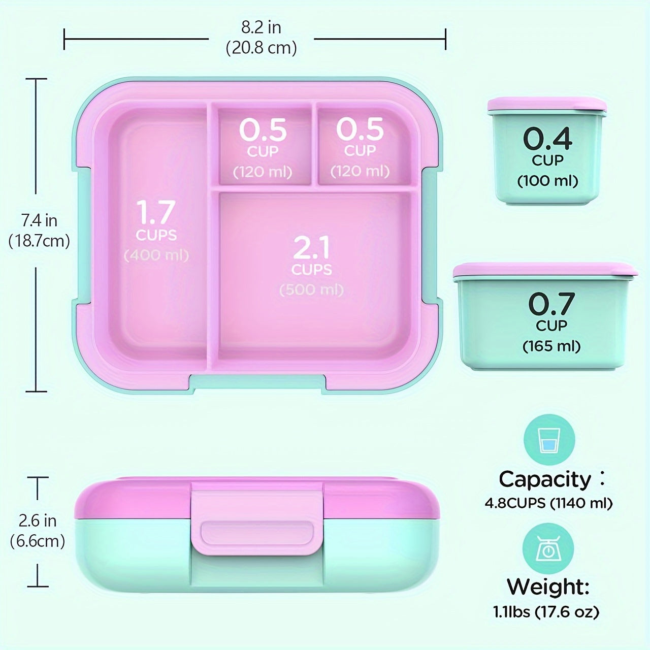 Caperci Bento Box - Large 4.8 Cups, Leak-Proof Lunch Box with Modular Containers