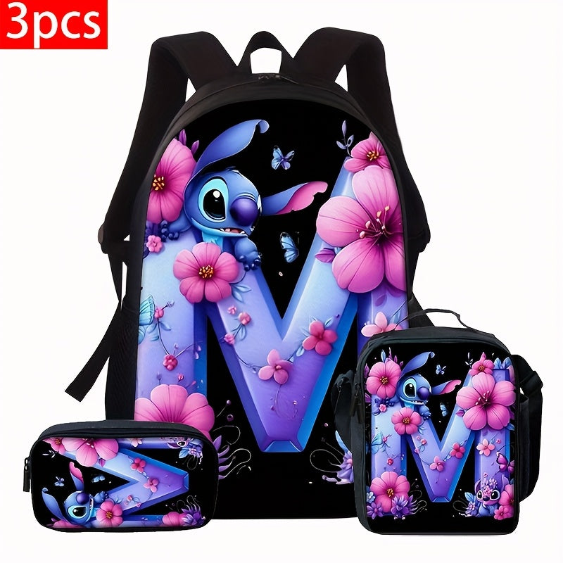 Lilo & Stitch Alphabet Backpack Set - Purple Floral Theme | A-Z Letters | Fashionable & Functional for Travel & Daily Use