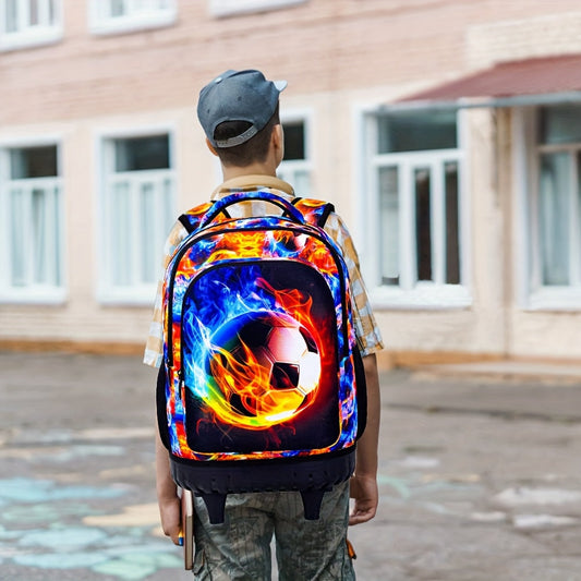 3pcs Boys' Rolling Backpack with Wheels - Cartoon Football Design, Adjustable Straps | Perfect for School & Kindergarten