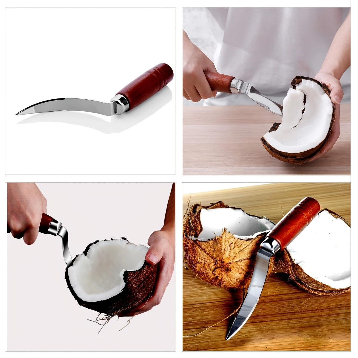 Coconut Opener Tool Set - Stainless Steel Coconut Scraper & Punch with Wooden Handle