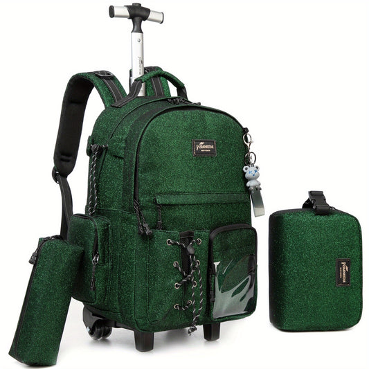3pcs Boys' Rolling School Backpack with Lunch Box & Pencil Case - Durable 17.3 Inch Trolley Bag, Adjustable Straps, In-Line Wheels, Stylish Travel Essentials