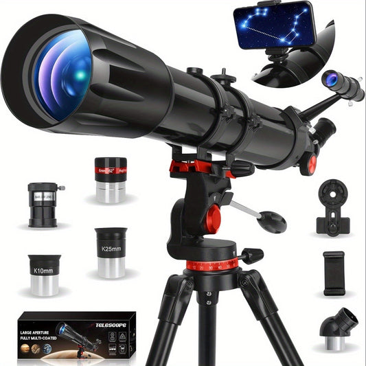 450x Magnification Refractor Telescope, 90mm Aperture with AZ Mount & Phone Holder - Ideal for Stargazing & Bird Watching - Perfect Gift