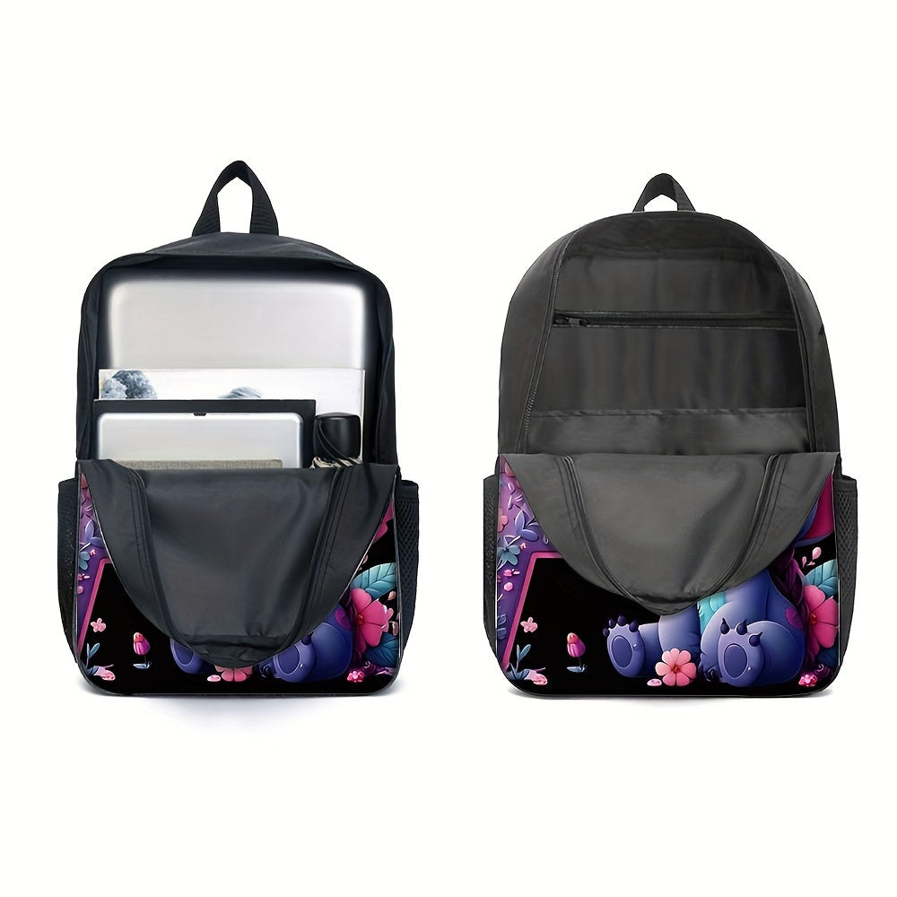 Lilo & Stitch Alphabet Backpack Set - Purple Floral Theme | A-Z Letters | Fashionable & Functional for Travel & Daily Use