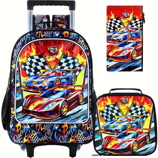 3pcs Car Rolling Bookbag for Boys, Kids School Backpack with Wheels, Polyester, Lightweight, Sports Style