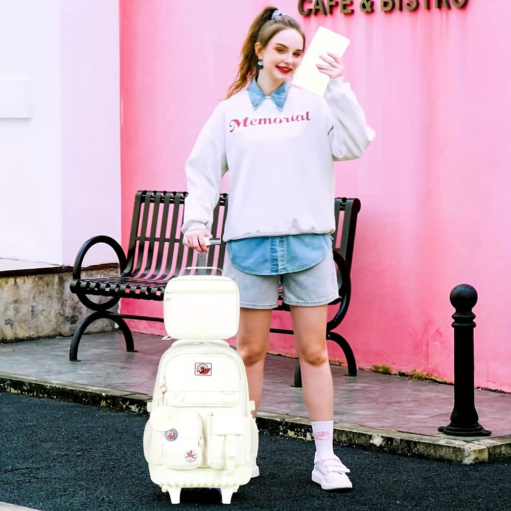 1pc Random Color Pom-Poms Rolling Backpack with Adjustable Strap and Telescopic Handle