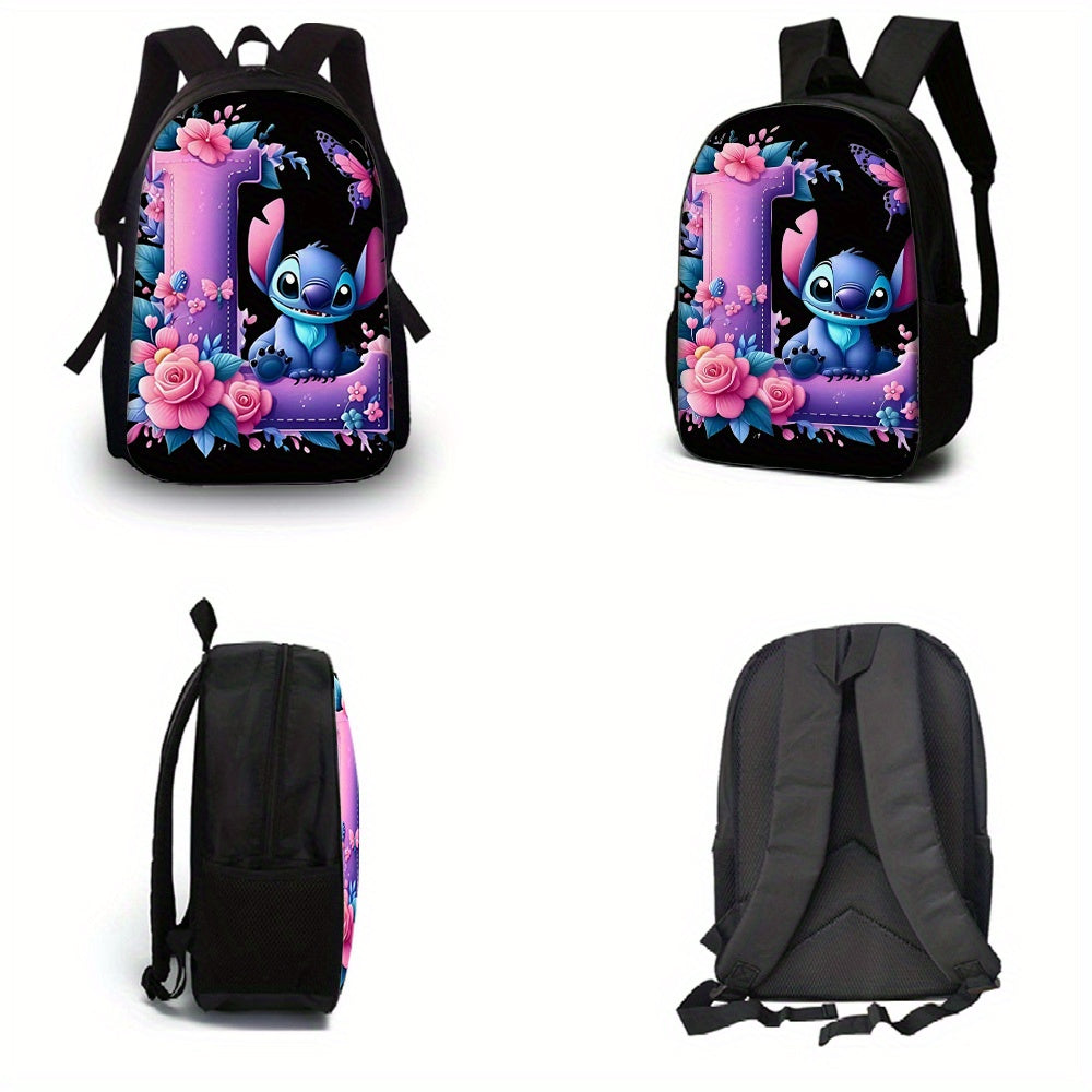 Lilo & Stitch Alphabet Backpack Set - Purple Floral Theme | A-Z Letters | Fashionable & Functional for Travel & Daily Use