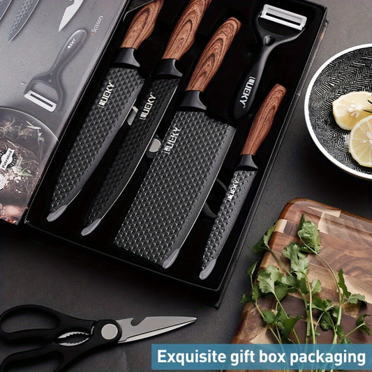 6pcs Multi-Size Kitchen Knife Set - Stainless Steel, Super Sharp, Brown Handles, Ideal for Cooking & Camping, Perfect Gift with Elegant Packaging