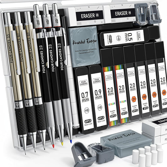 Art Mechanical Pencil Set - 25pcs with Case, 0.5, 0.7, 0.9mm & 2mm Lead Holders