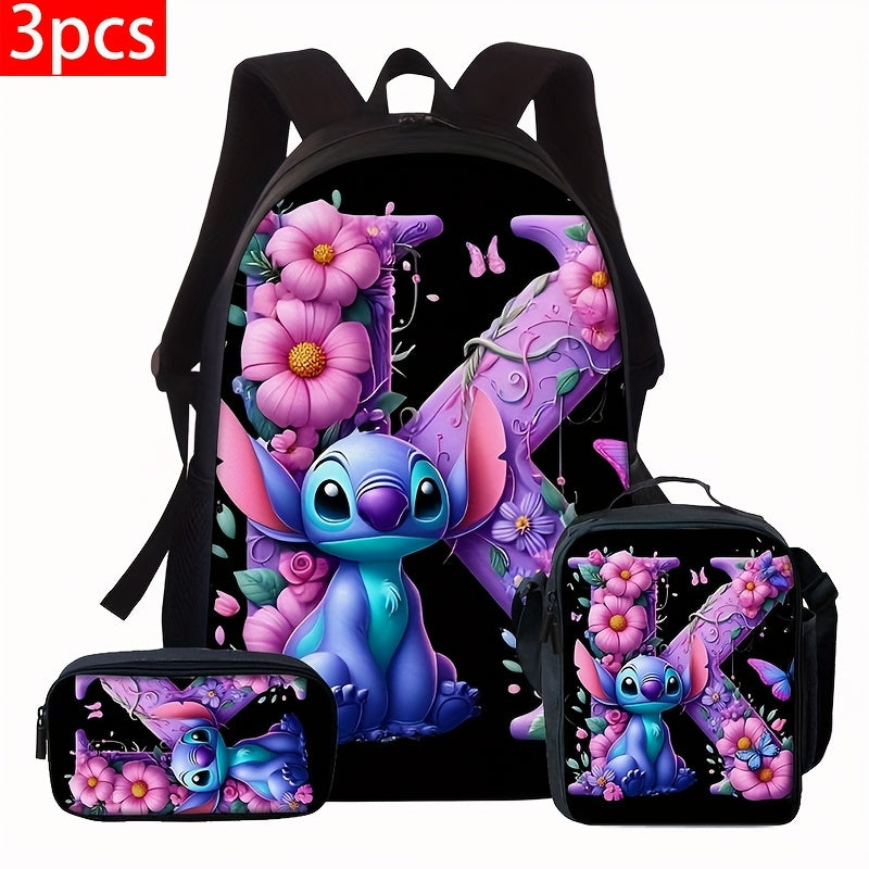 Lilo & Stitch Alphabet Backpack Set - Purple Floral Theme | A-Z Letters | Fashionable & Functional for Travel & Daily Use