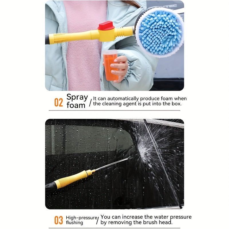360° Rotating Car Wash Brush Kit with Soap Dispenser - Versatile Microfiber Cleaning for Vehicles, Yard, and Pets
