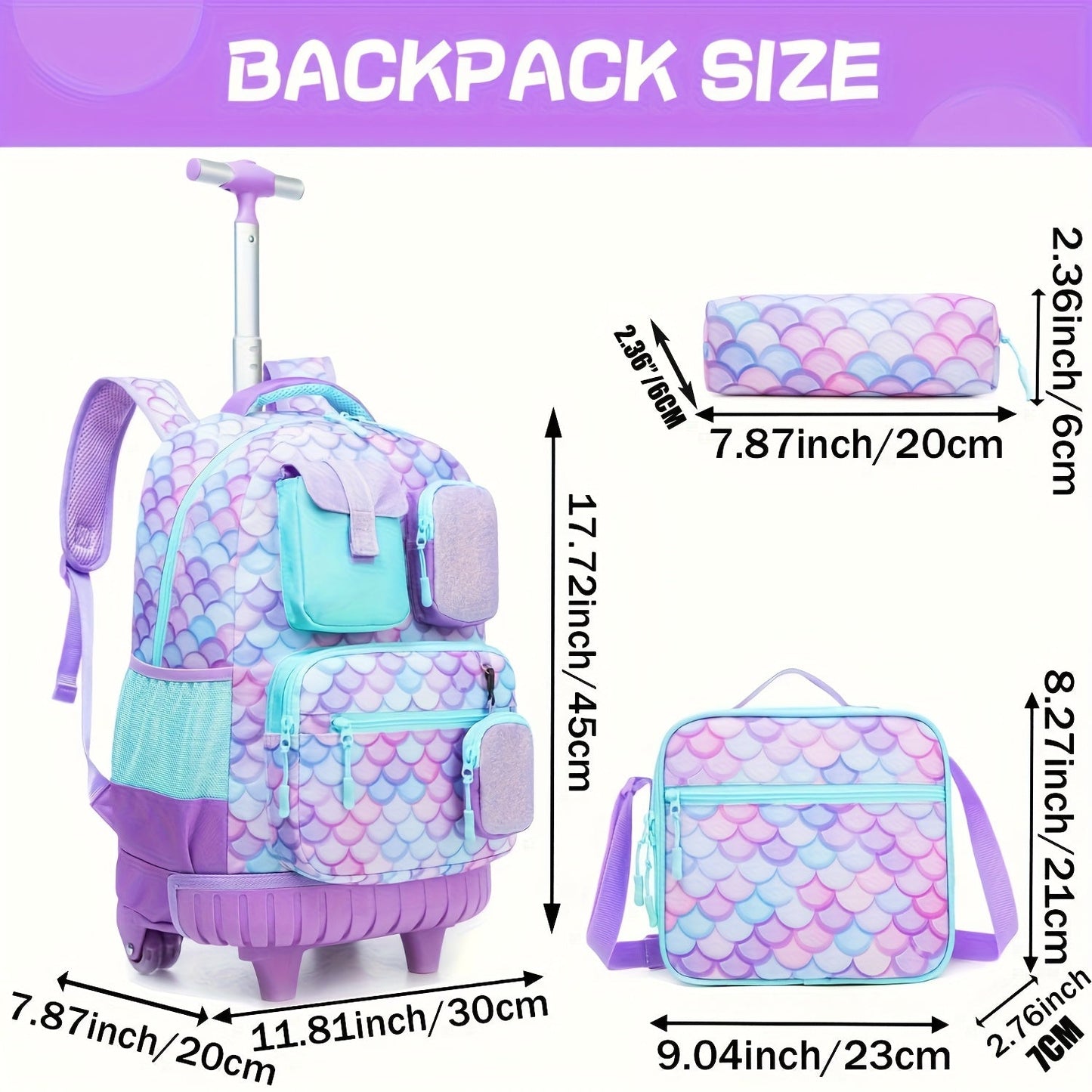 Rolling Backpack with Wheels for Girls - 3-in-1 Travel Suitcase & Handbag