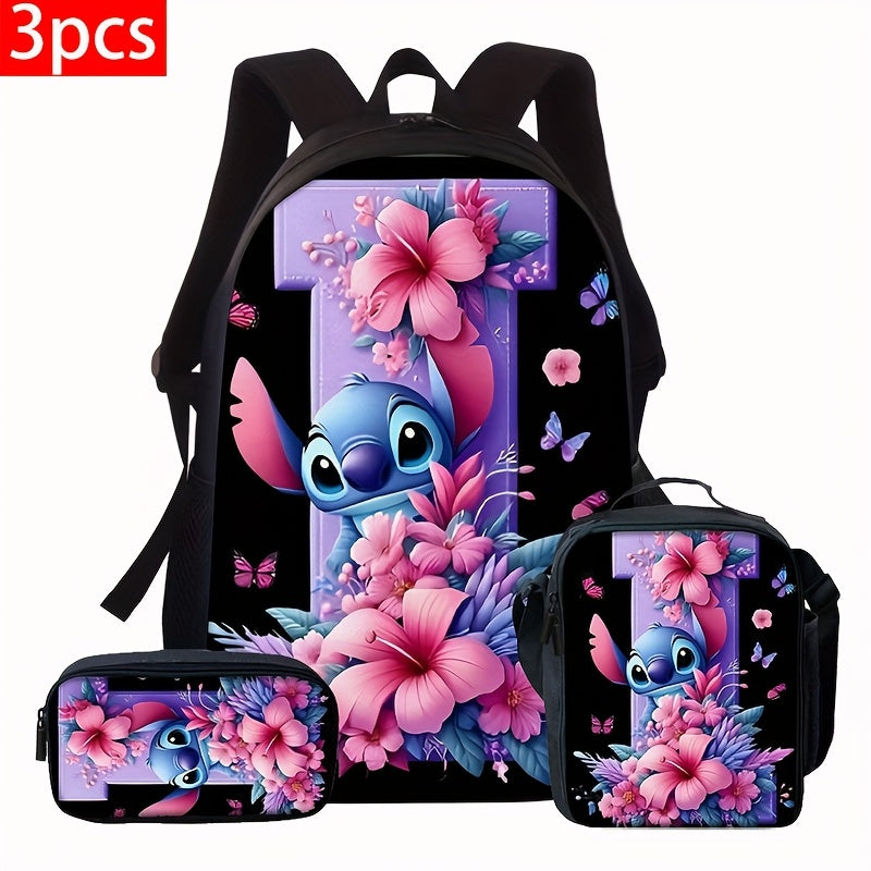 Lilo & Stitch Alphabet Backpack Set - Purple Floral Theme | A-Z Letters | Fashionable & Functional for Travel & Daily Use