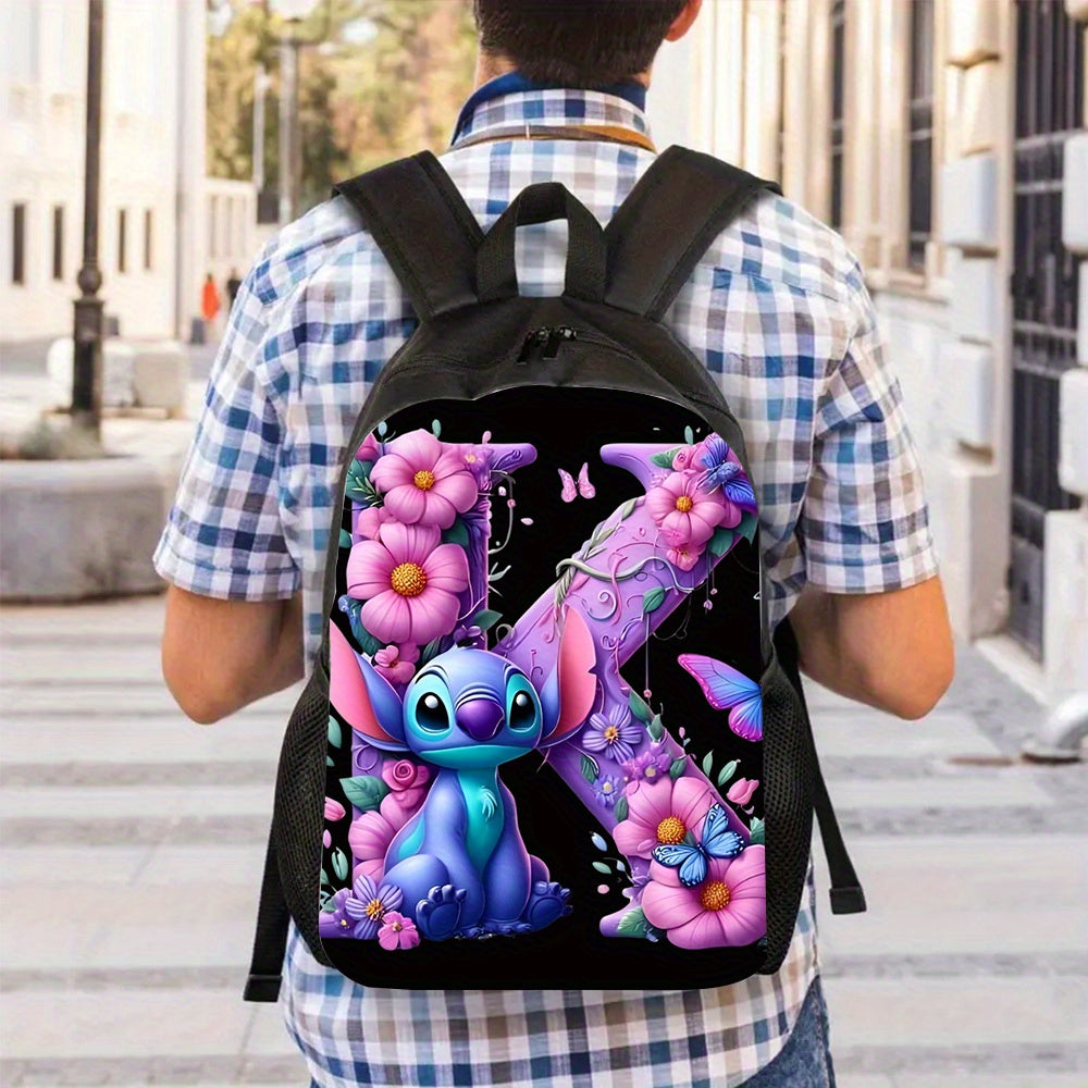 Lilo & Stitch Alphabet Backpack Set - Purple Floral Theme | A-Z Letters | Fashionable & Functional for Travel & Daily Use