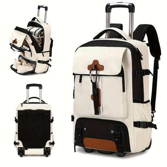 17-Inch Rolling Backpack with Wheels for Men | Beige & Black | Travel Laptop Bag with Shoe Compartment | Adjustable Straps | Multiple Pockets | School & Business