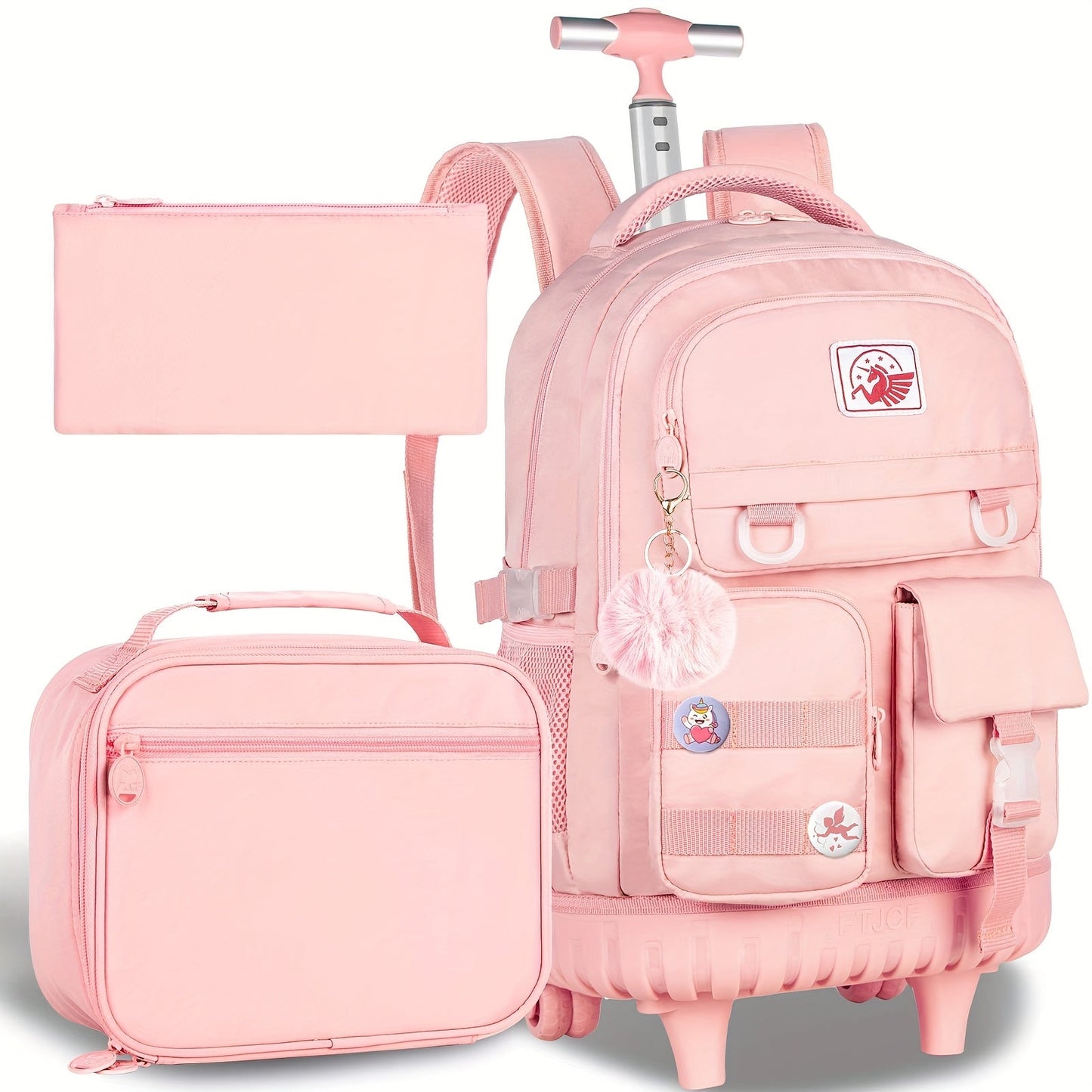 1pc Random Color Pom-Poms Rolling Backpack with Adjustable Strap and Telescopic Handle