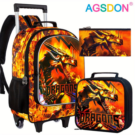 AGSDON Fire Dragon Wheeled Backpacks for Kids - Durable, Playful Design, Perfect for School & Travel
