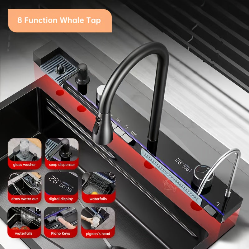 Musurjoy Black Stainless Steel Kitchen Sink with Waterfall Faucet & Accessories - 75x45 cm, Contemporary, Freestanding