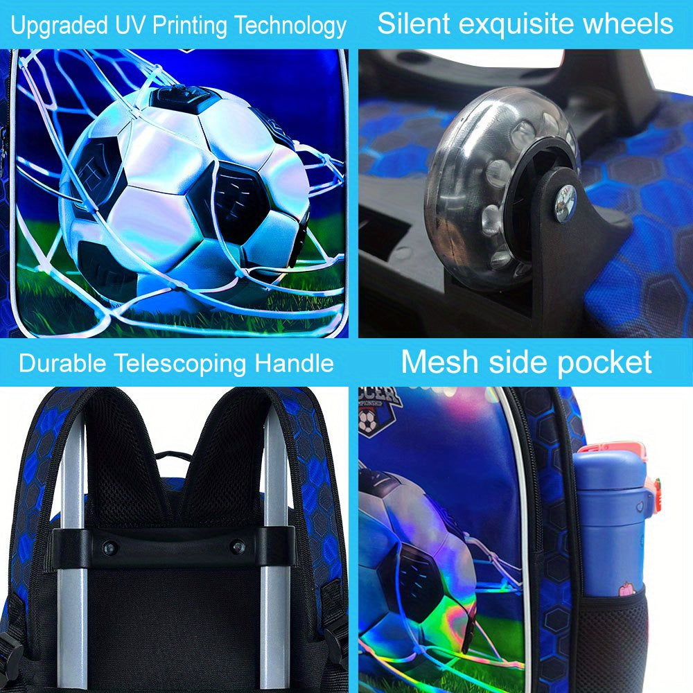 3pcs Rolling Backpack for Kids with Wheels - Soccer Design