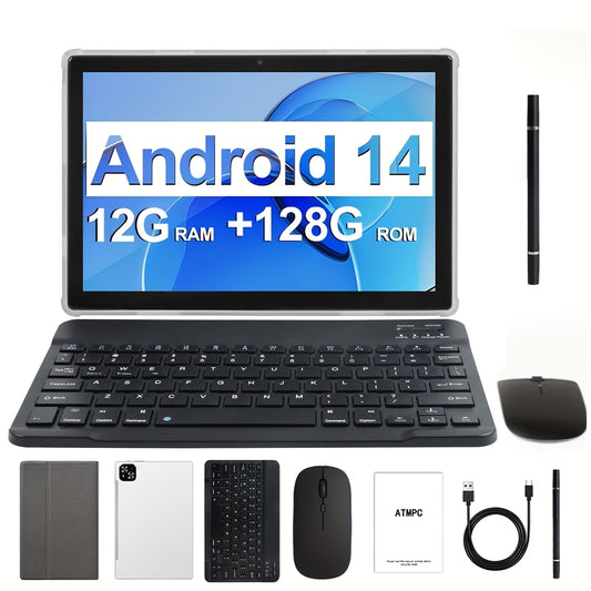 10.1 Inch Android 14 Tablet with 128GB ROM, 12GB RAM, and Accessories