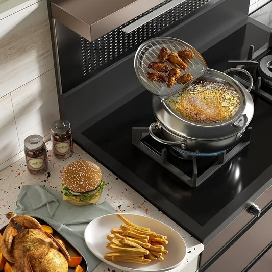 Stainless Steel Deep Fryer with Thermometer, Lid & Oil Drip Rack - Perfect for Home & Outdoor Cooking