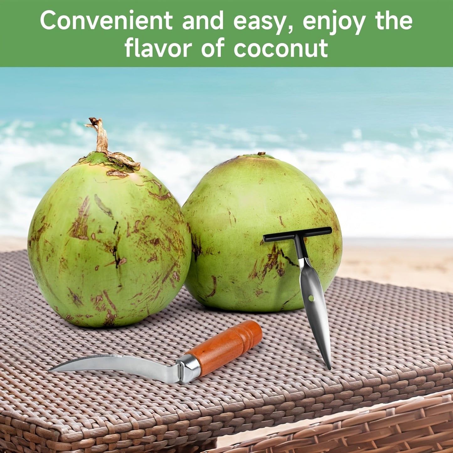 Coconut Opener Tool Set - Stainless Steel Coconut Scraper & Punch with Wooden Handle