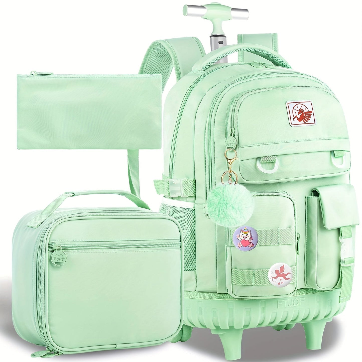 1pc Random Color Pom-Poms Rolling Backpack with Adjustable Strap and Telescopic Handle